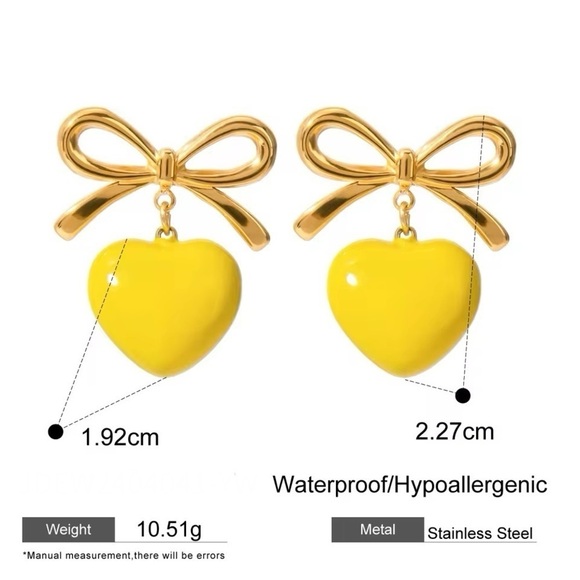 18k Gold Plated Bowknot Yellow Heart Drip Oil Earrings - Picture 5 of 8